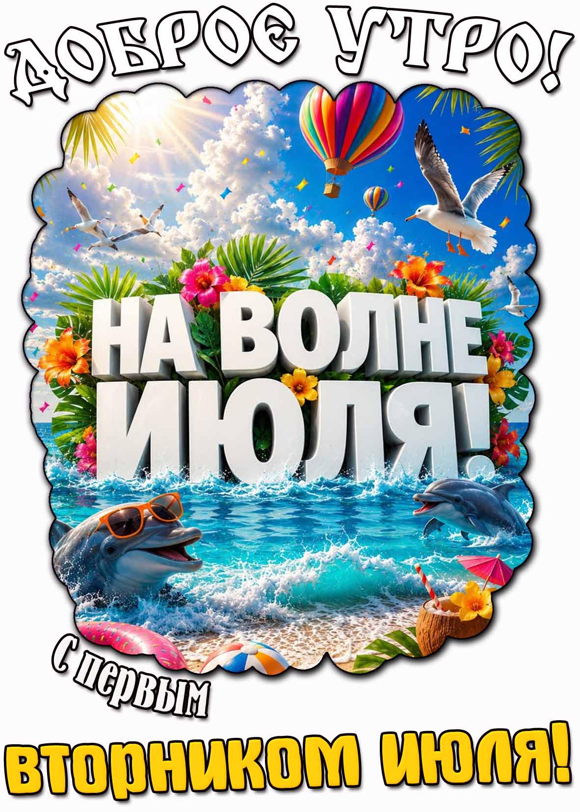 Открытка "Доброе утро! С первым вторником июля! На волне июля!"