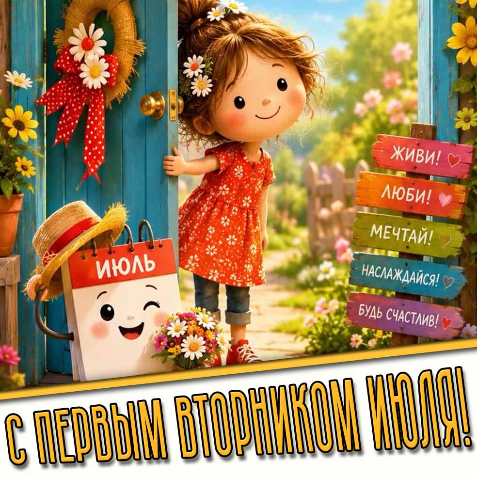 Красивая летняя картинrа с девочкой и прикольным мультяшным календарём, чтобы поздравить : С первым вторником июля! Живи! Люби! Мечтай! Наслаждайся! Будь счастлив! Картинка "С первым вторником июля! Живи! Люби! Мечтай! Наслаждайся! Будь счастлив!"