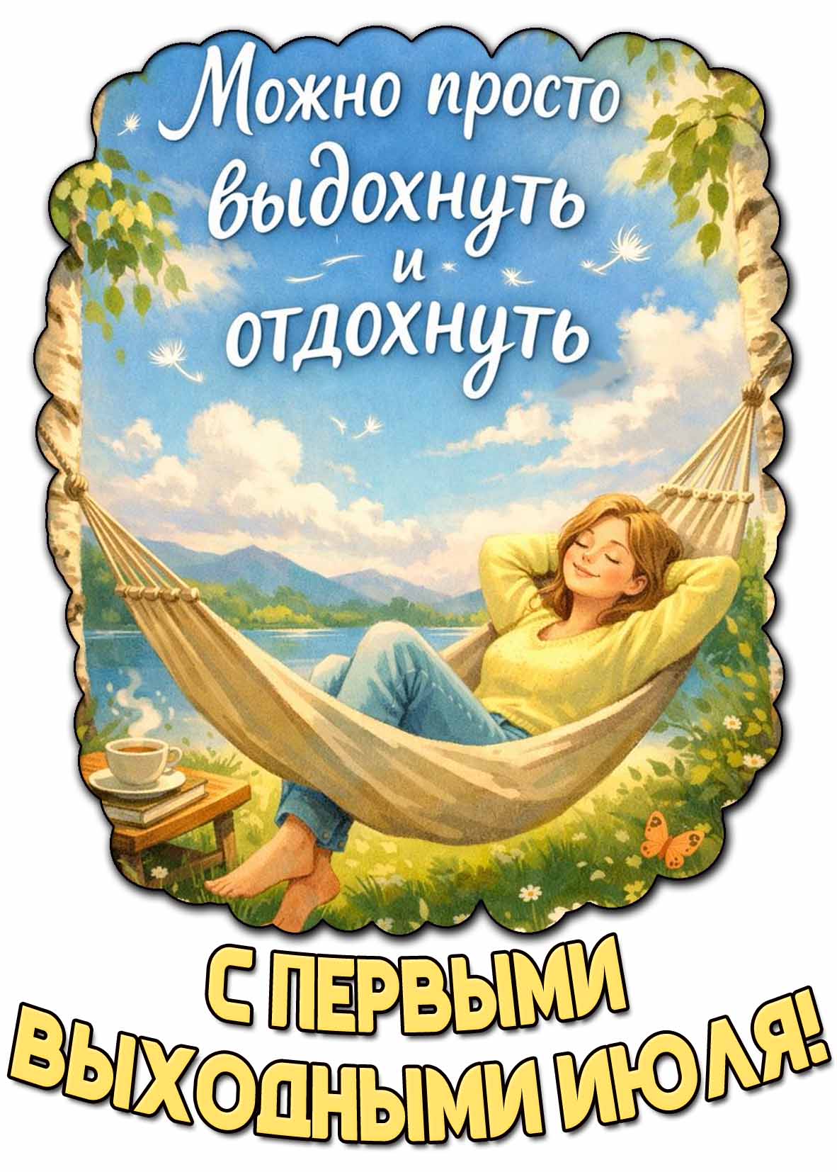Открытка "С первыми выходными июля! Можно просто выдохнуть и отдохнуть!"