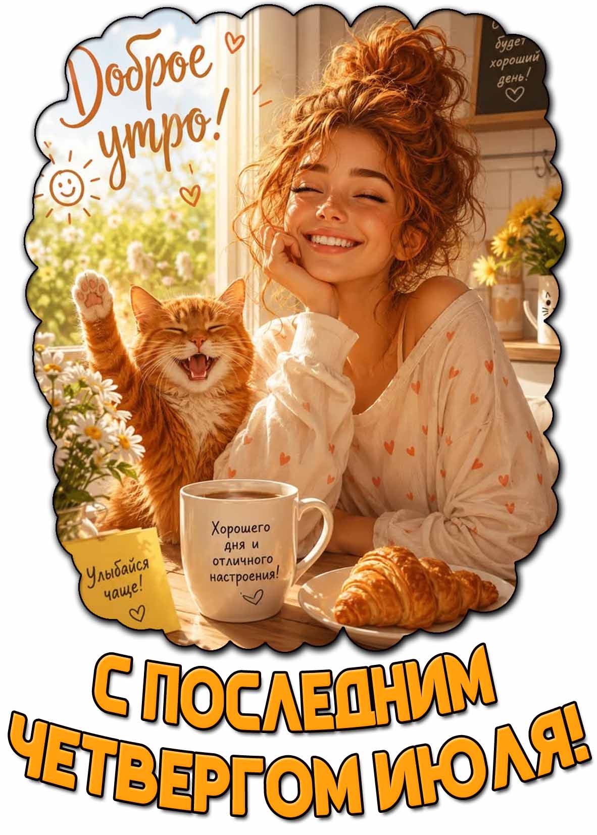 Открытка "Доброе утро! С последним четвергом июля! Улыбайся чаще! Хорошего дня и отличного настроения!"