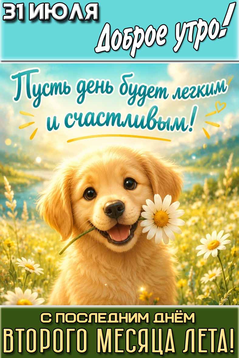 Открытка "31 июля доброе утро! С последним днём второго месяца лета! Пусть день будет лёгким и счастливым!"