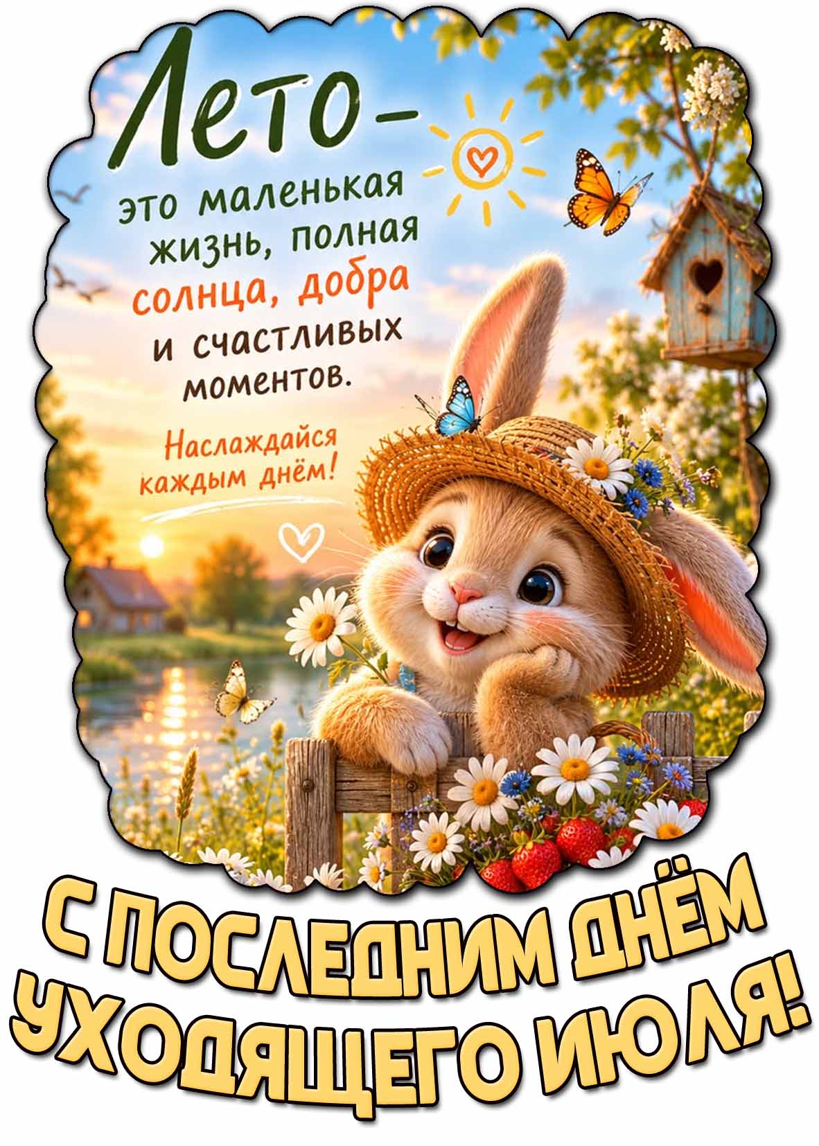 Открытка "С последним днём уходящего июля! Лето - это маленькая жизнь, полная солнца, добра и счастливых моментов! Наслаждайся каждым днём!"
