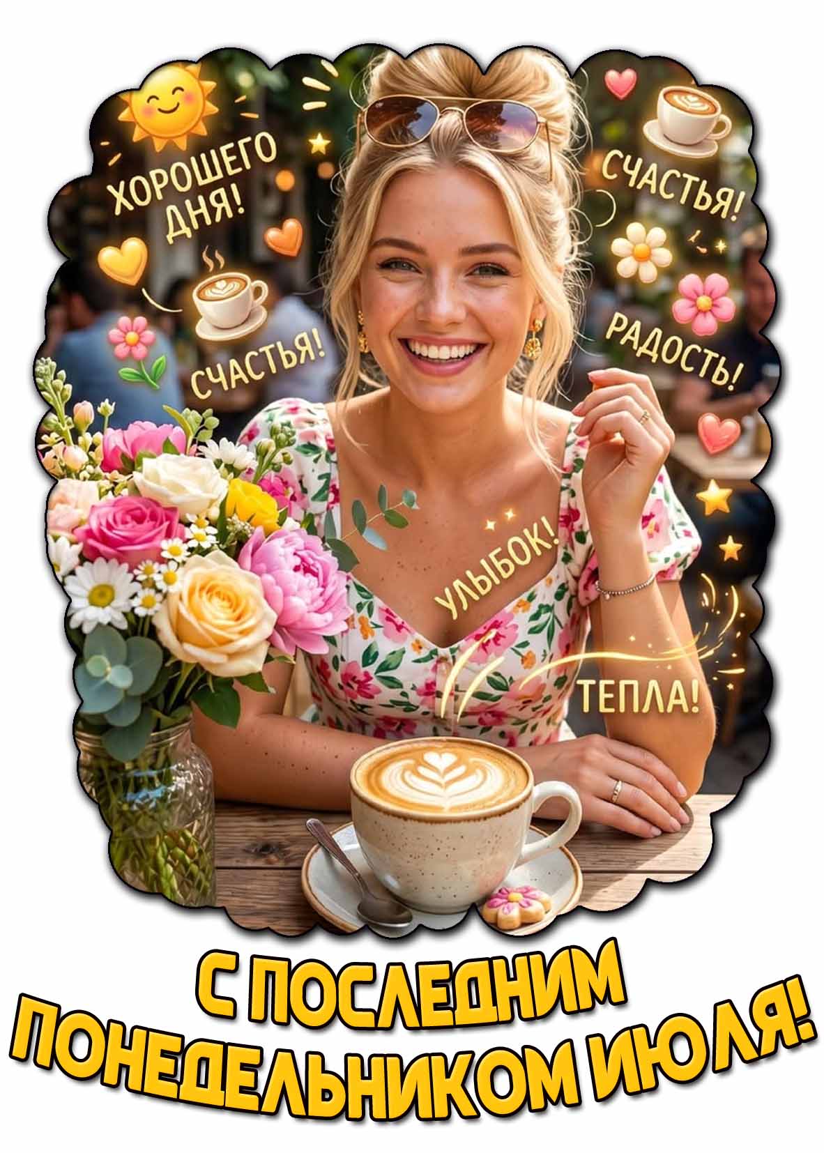 Открытка "С последним понедельником июля! Счастья! Радости! Улыбок! Тепла!"