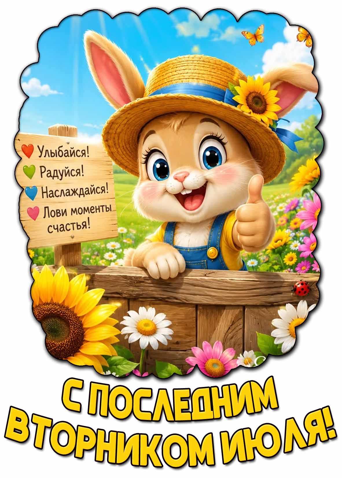 Прикольная картинка "С последним вторником июля! Улыбайся! Радуйся! Наслаждайся! Лови моменты счастья!"