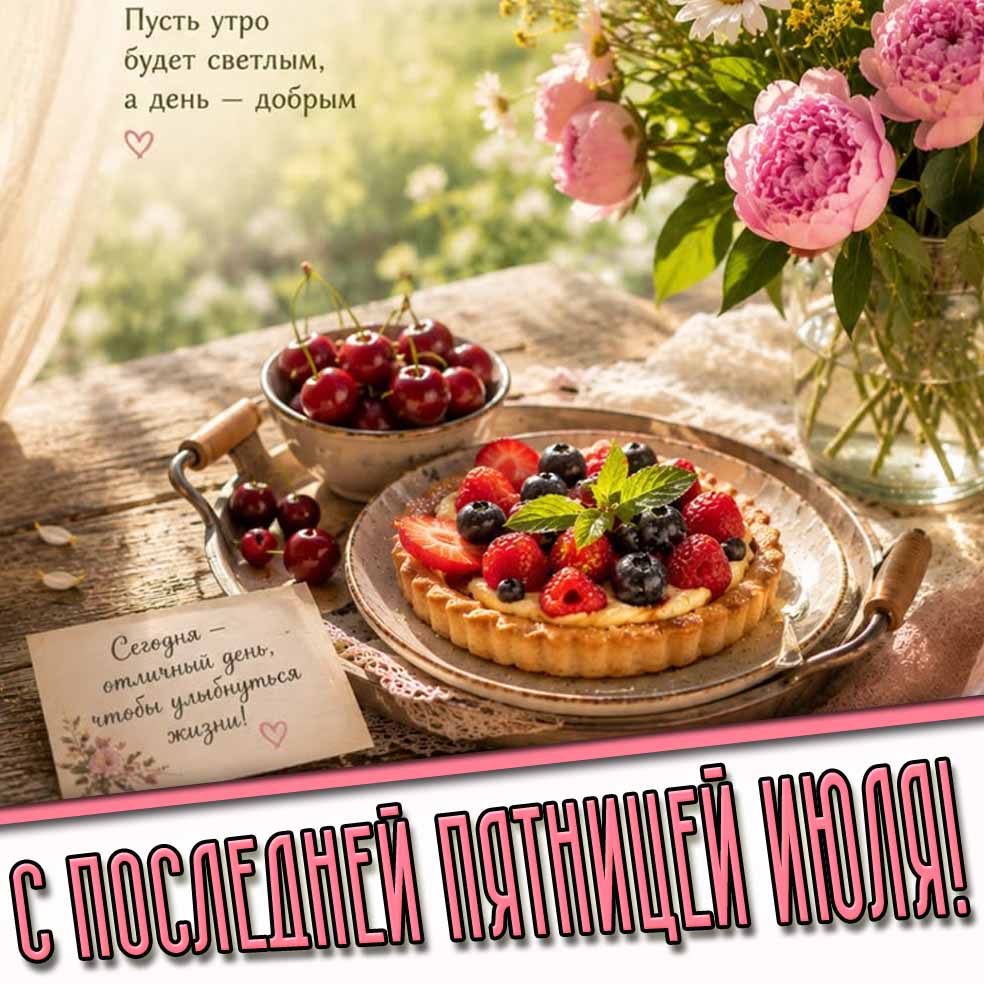 Картинка "С последней пятницей июля! Пусть утро будет светлым, а день - добрым! Сегодня отличный день, чтобы улыбнуться жизни!"