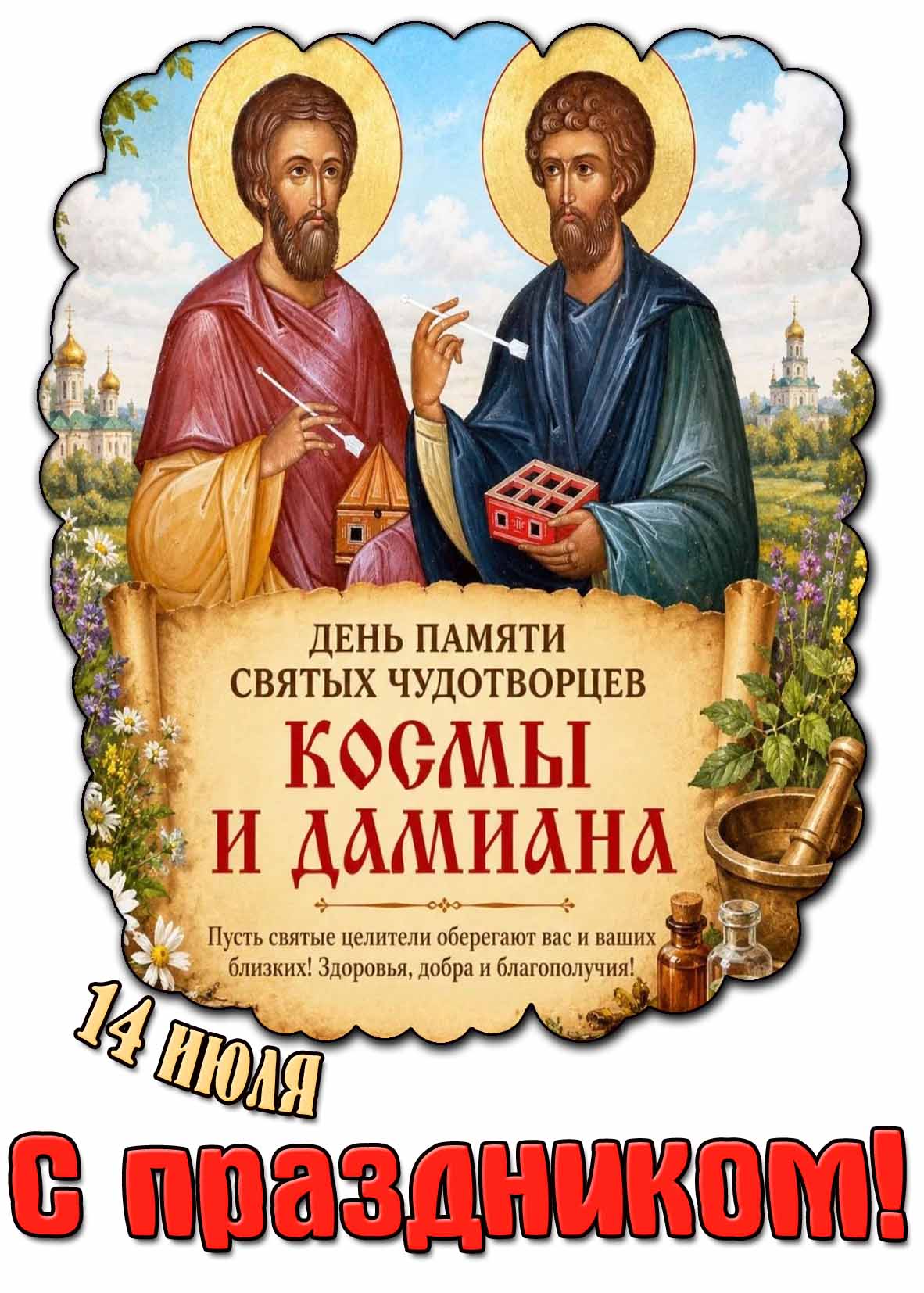 Поздравительная картинка на день памяти святых чудотворцев Космы и Дамиана! С праздником! - 14 июля