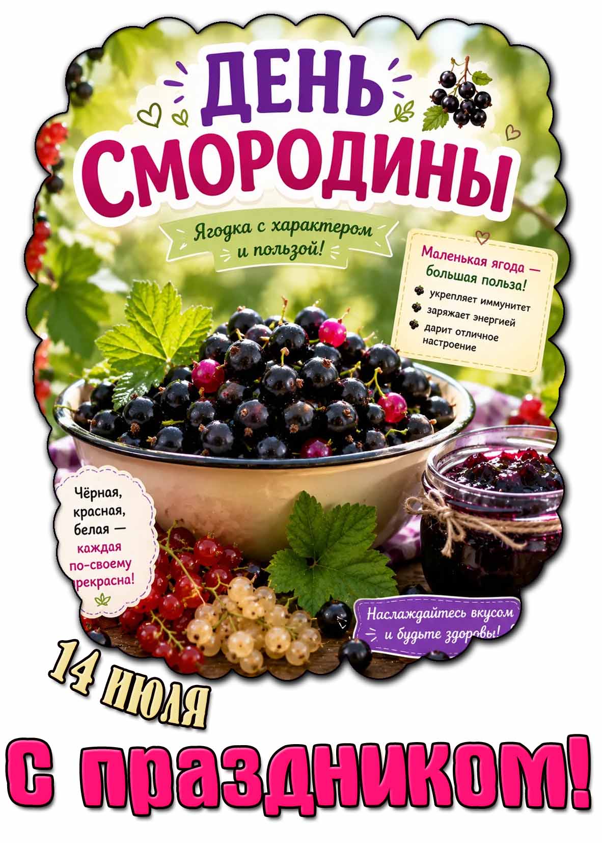 Поздравительная открытка на 14 июля - день смородины! С праздником!