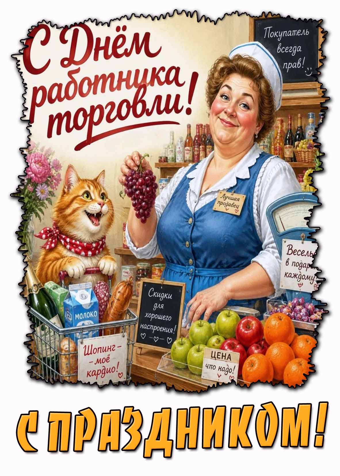 Прикольная картинка "С днём работника торговли! С праздником! Покупатель всегда прав!"
