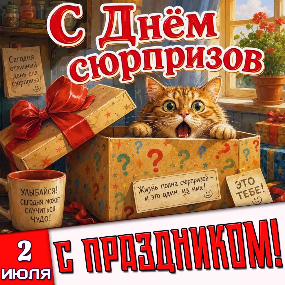 Прикольная картинка 2 июля - с днём сюрпризов! Улыбайся! Сегодня может случится чудо! С праздником!