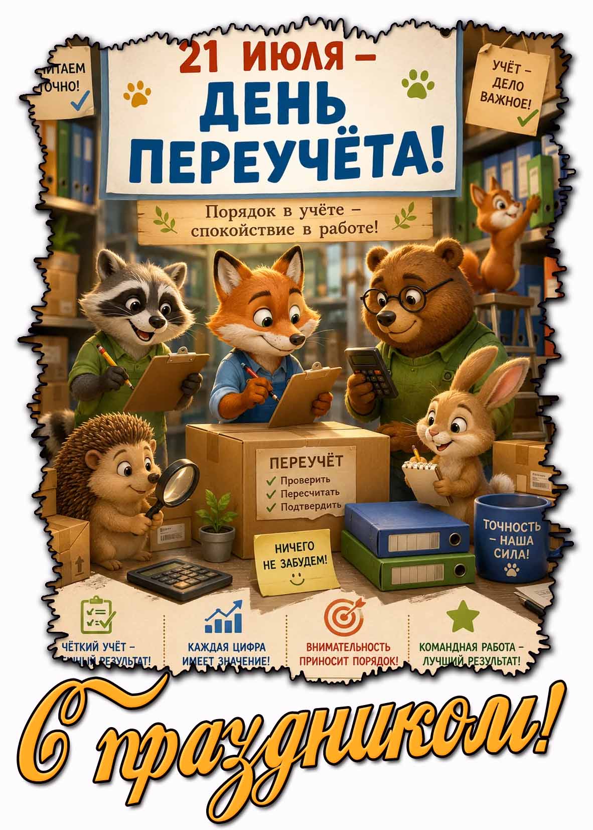 Прикольная картинка 21 июля - день переучёта! Порядок в учёте - спокойствие на работе! С праздником!