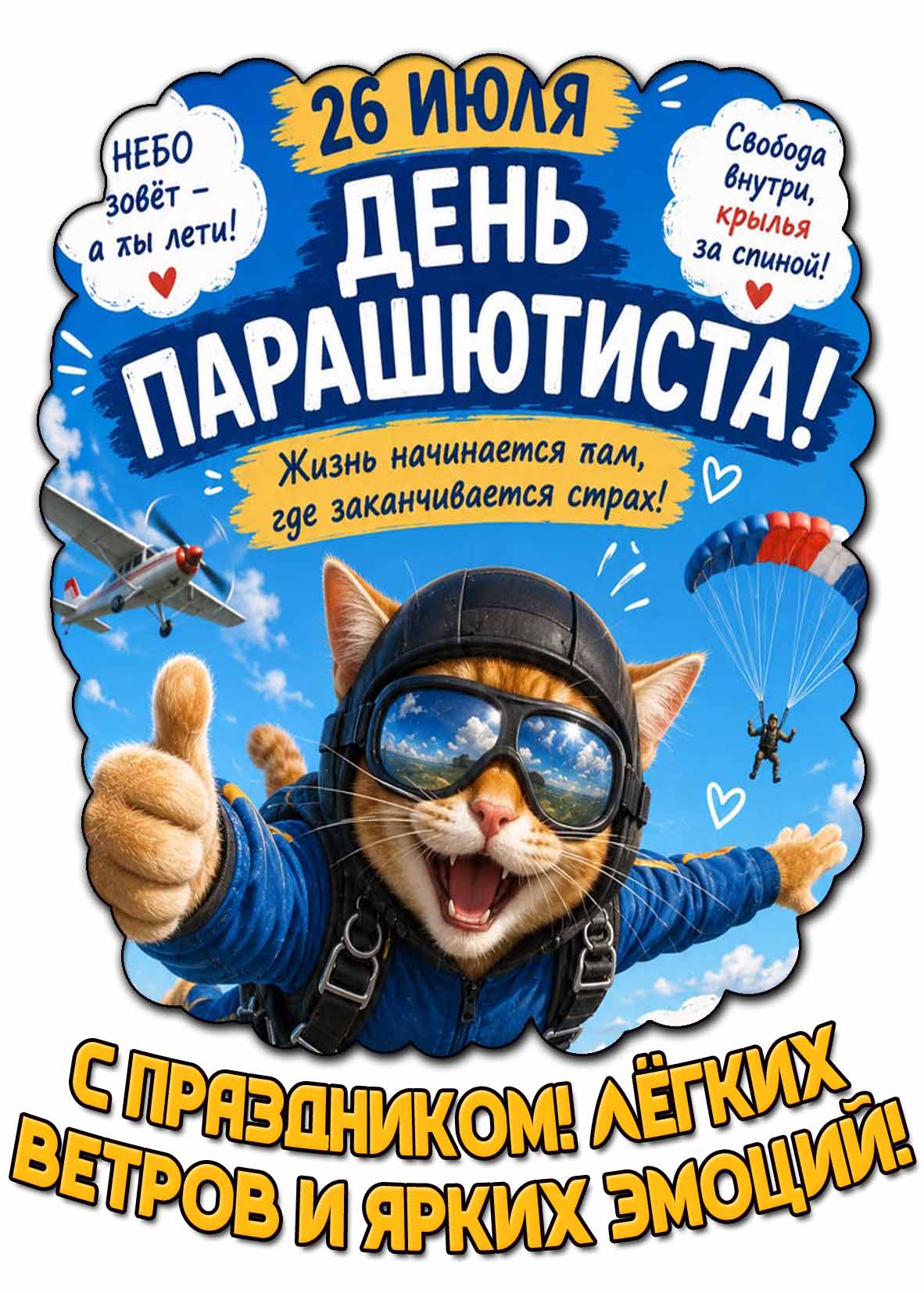 Прикольная картинка 26 июля - день парашютиста! С праздником! Лёгких ветров и ярких эмоций!