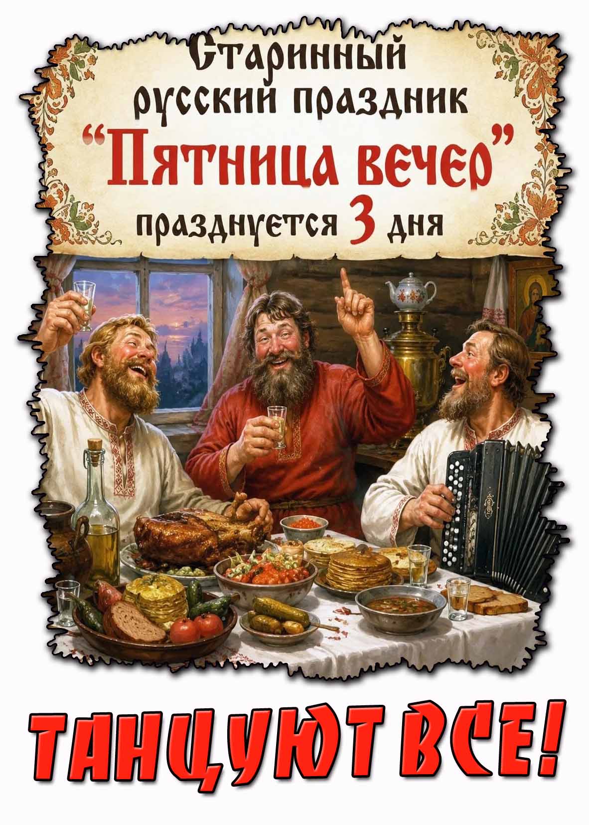 Прикольная картинка на старинный русский праздник "Пятница вечер!" - празднуется 3 дня! Танцуют все!
