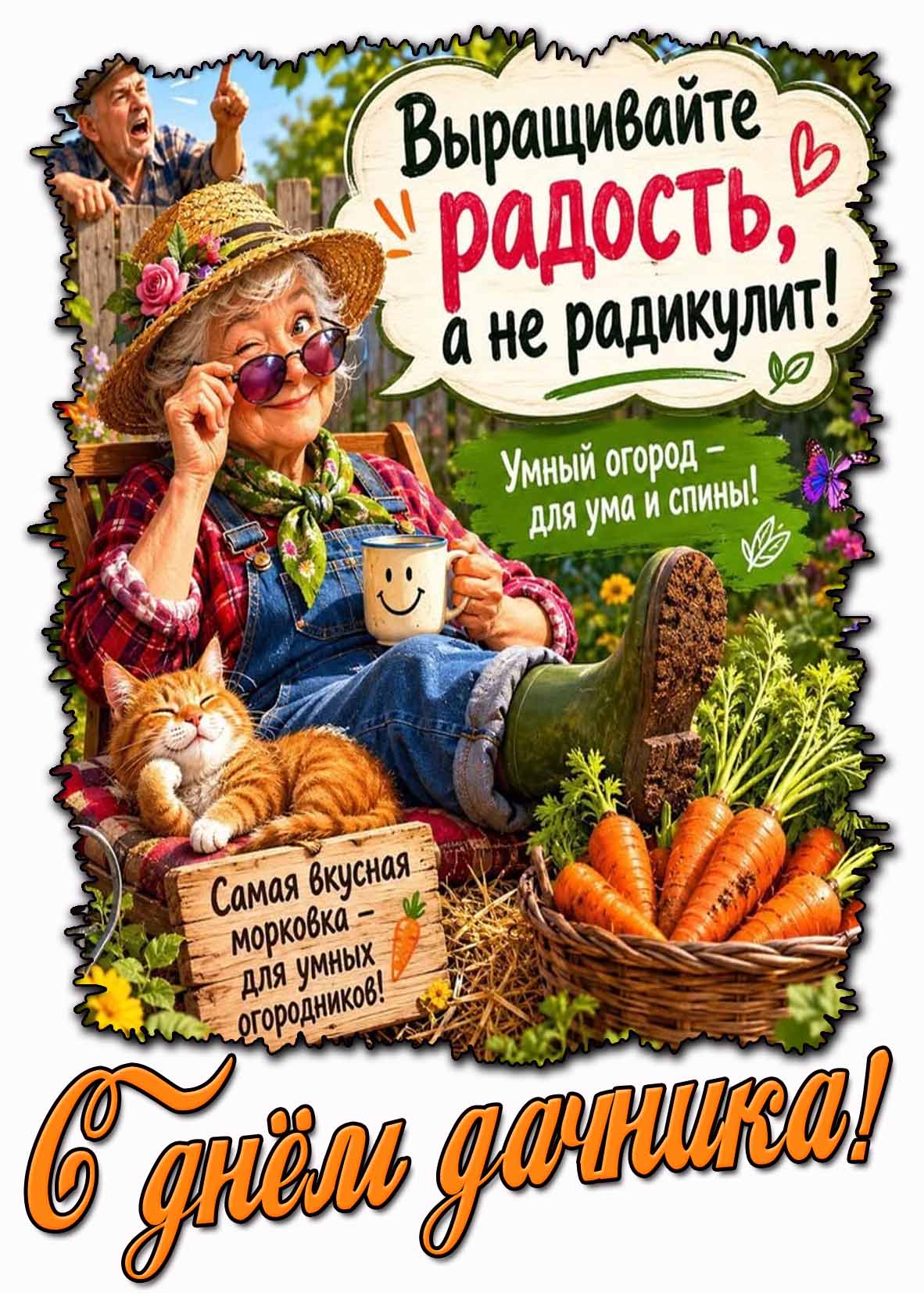 Прикольная картинка "С днём дачника! Выращивайте радость, а не радикулит!"