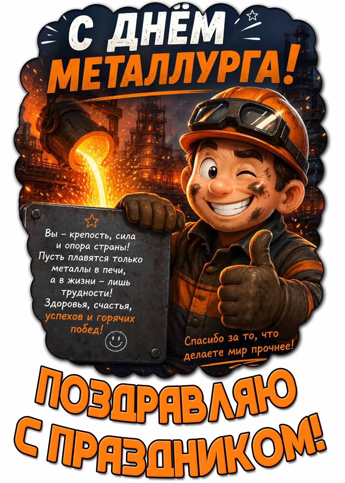 Прикольная картинка "С днём металлурга! Спасибо за то, что делаете мир прочнее! Поздравляю с праздником!"