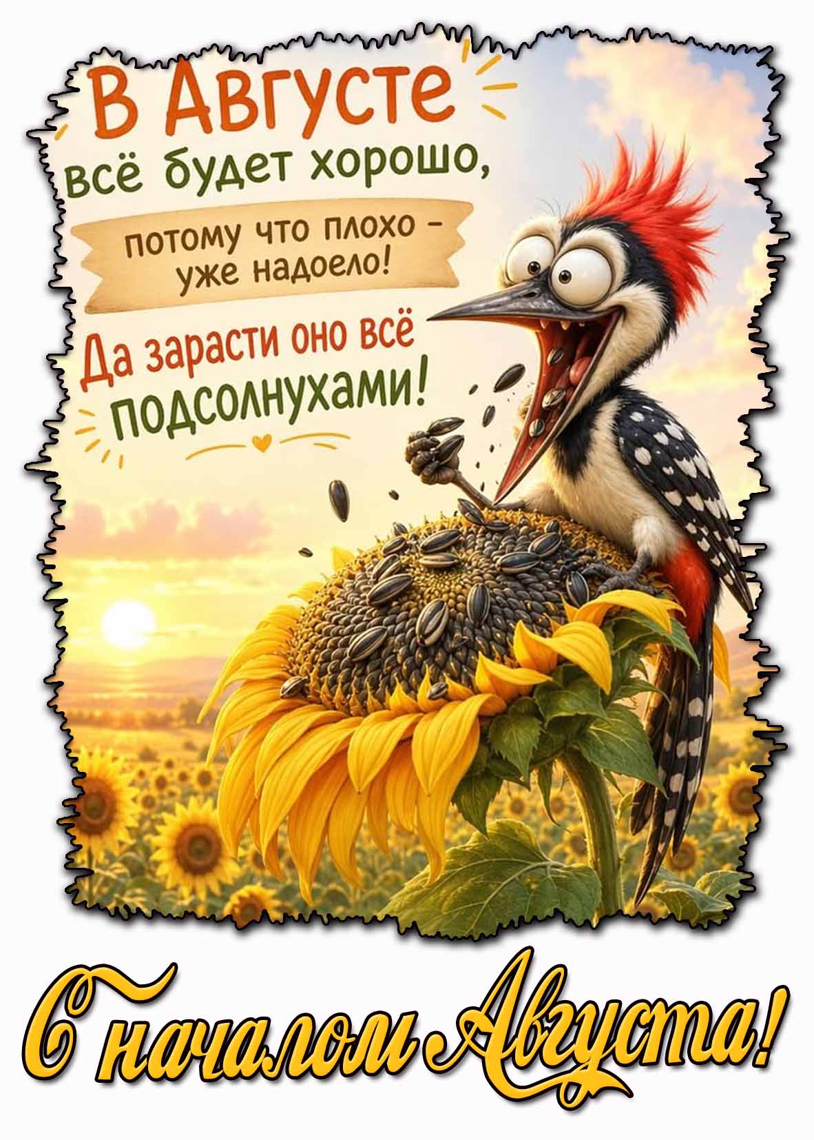 Прикольная картинка "С началом Августа! В Августе всё будет хорошо, потому что плохо - уже надоело! Да зарасти оно всё подсолнухами!"