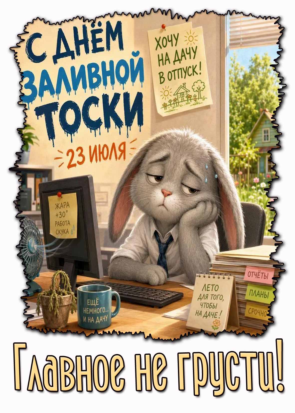 Прикольная картинка "C днём заливной тоски! Хочу на дачу в отпуск! Главное не грусти!" - 23 июля