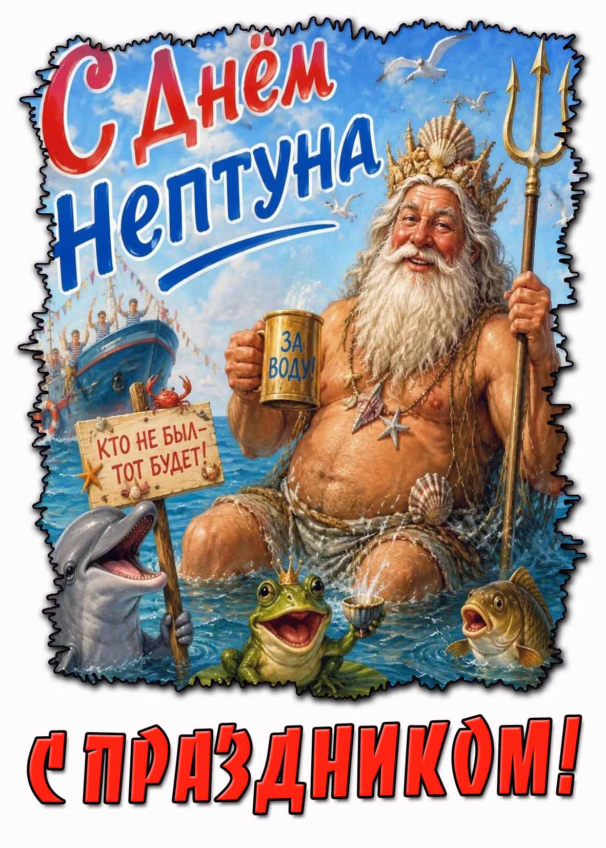 Прикольная картинка "С днём Нептуна! С праздником! За воду! Кто не был - тот будет!"