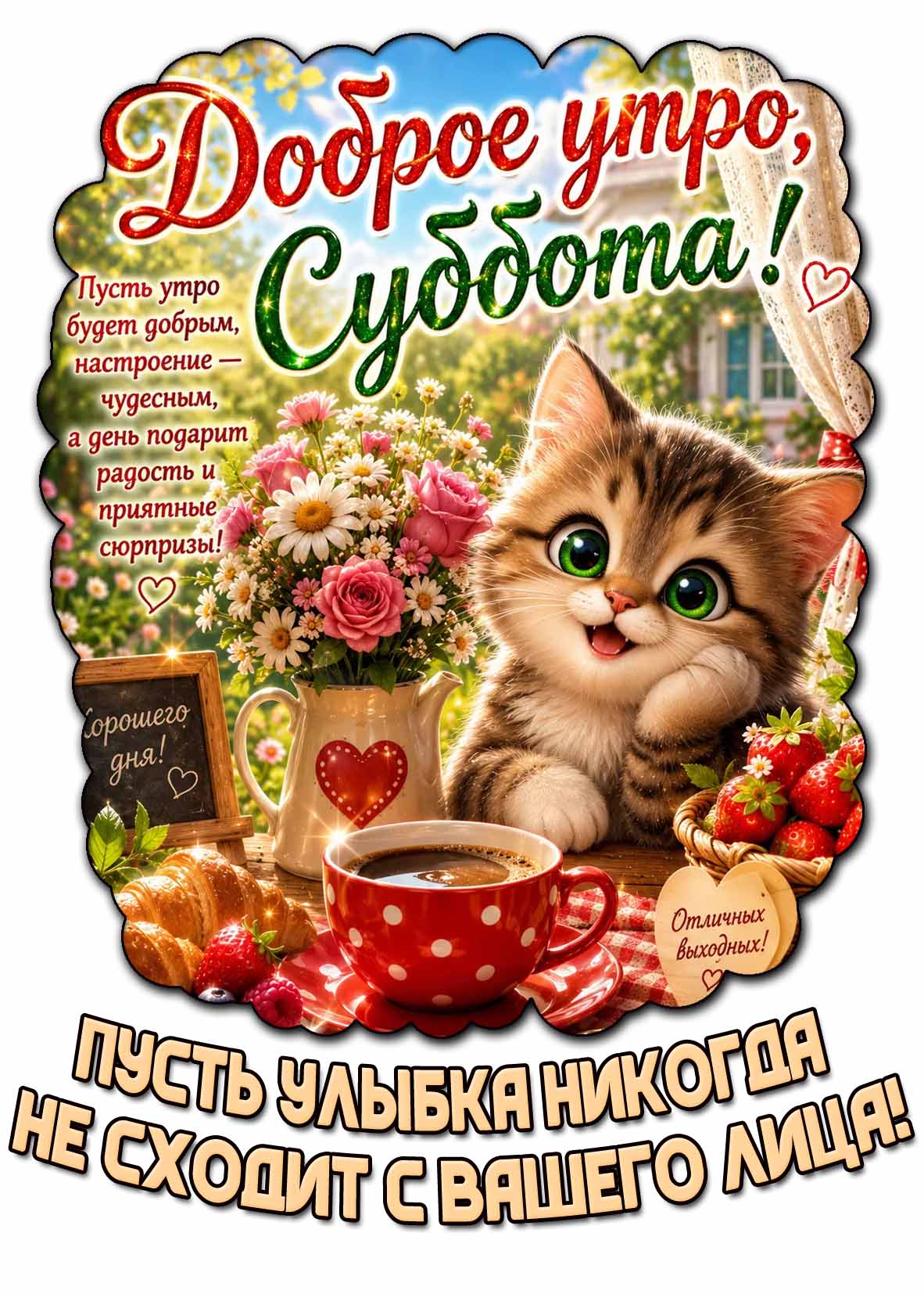 Прикольная летняя картинка "Доброе утро, субботы! Хорошего дня! Отличных выходных! Пусть улыбка никогда не сходит с вашего лица!"