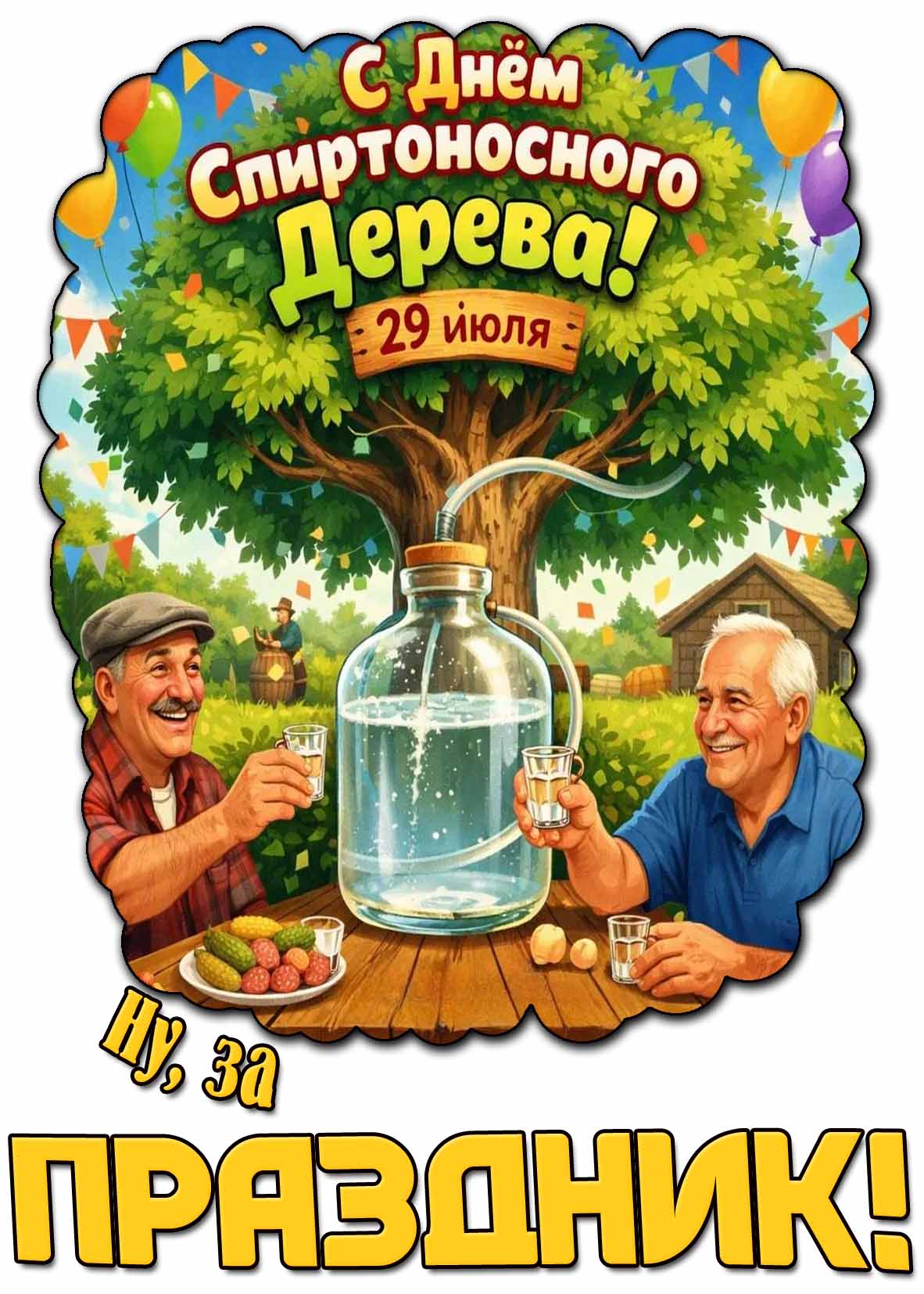 Прикольная открытка 29 июля - с днём спиртоносного дерева! Ну, за праздник!