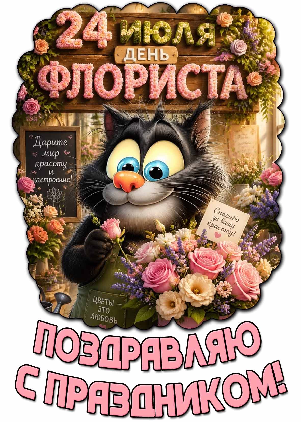 Прикольная открытка "24 июля - день флориста! Поздравляю с праздником! Цветы - это любовь!"