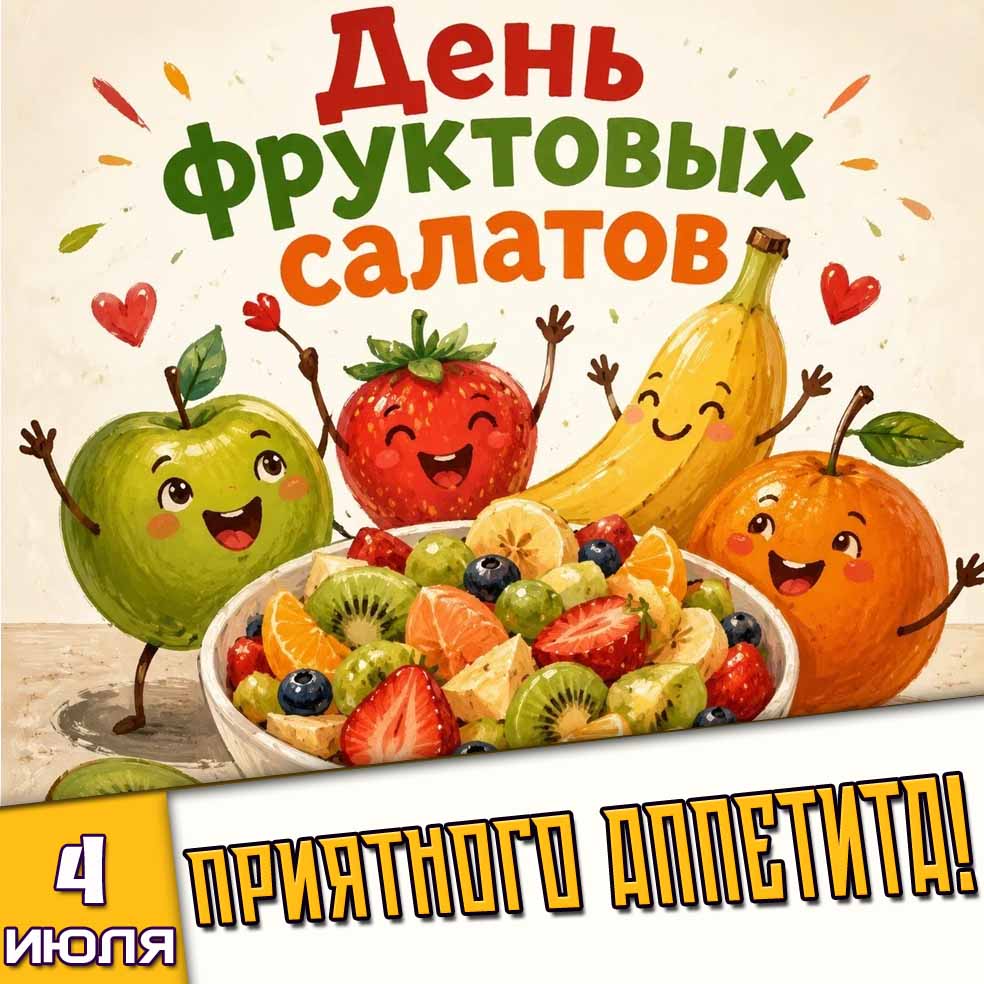 Прикольная открытка 4 июля - день фруктовых салатов! Приятного аппетита!