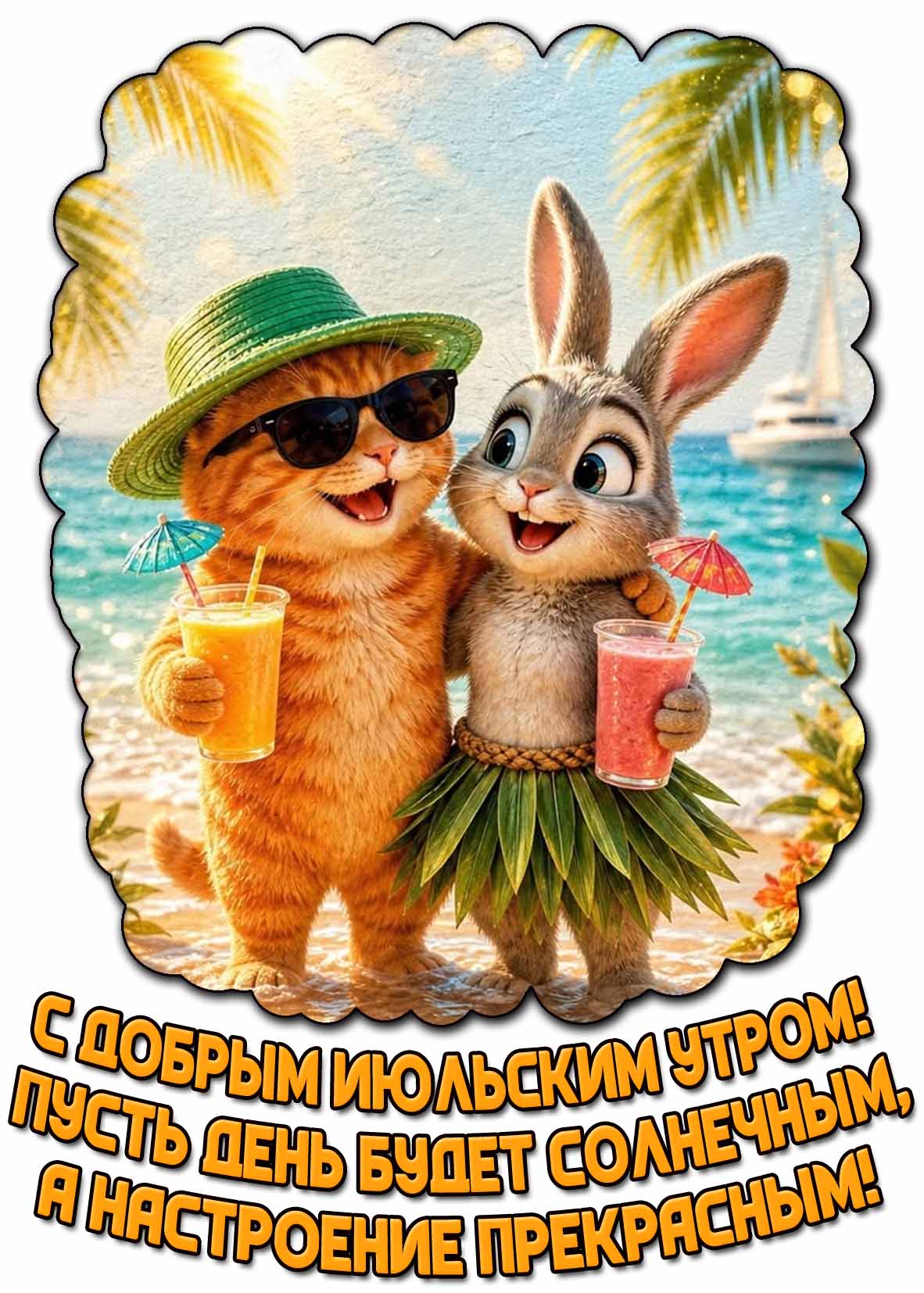 Прикольная открытка "С добрым июльским утром! Пусть день будет солнечным, а настроение прекрасным!"