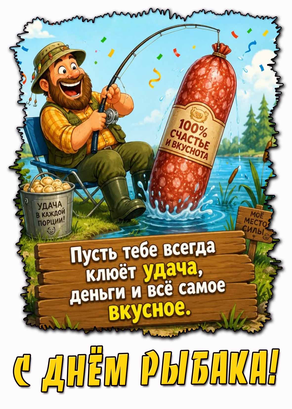 Прикольная картинка "С днём рыбака! Пусть тебе всегда клюёт удача, деньги и всё вкусное!"