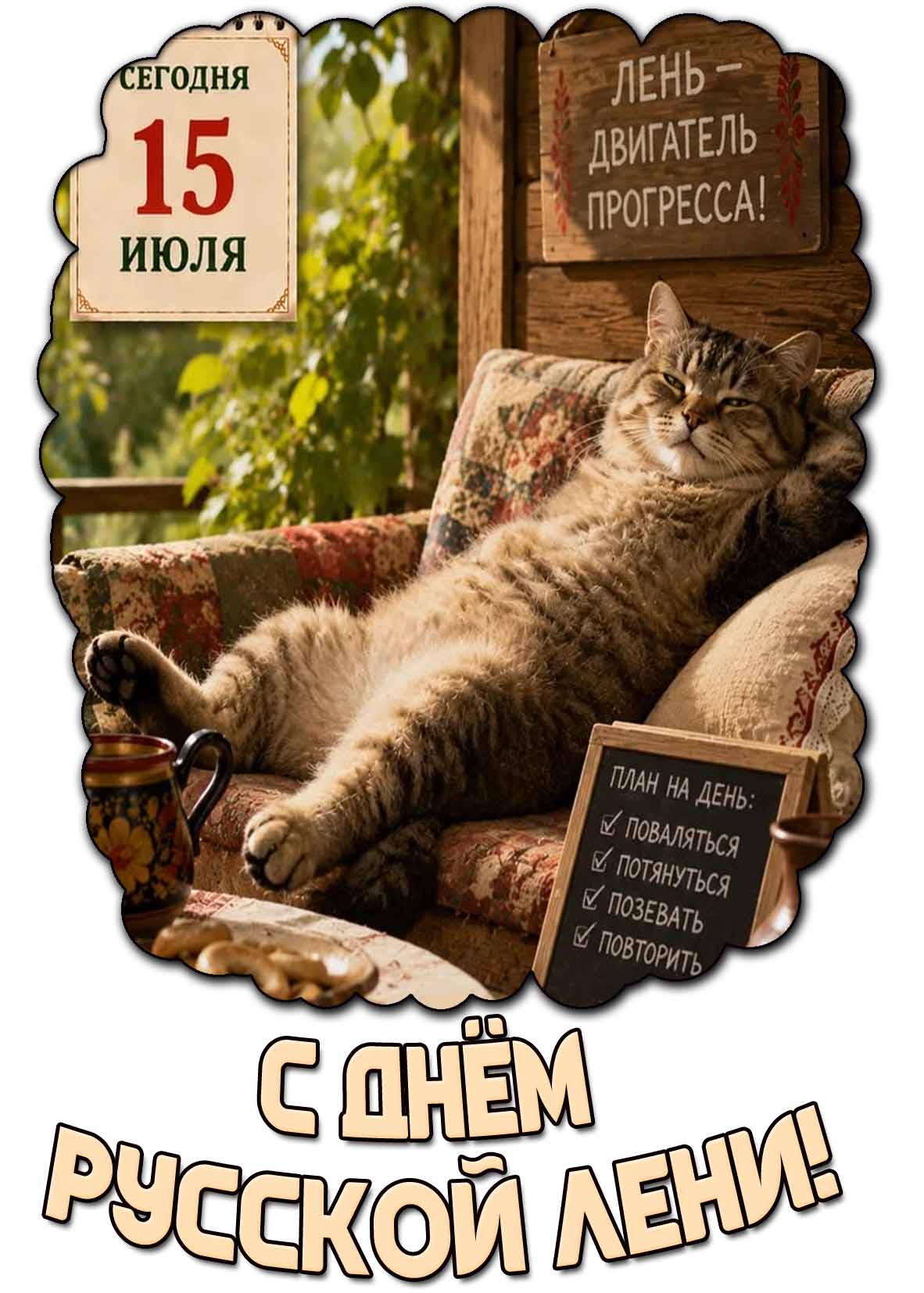 Прикольная картинка "Сегодня 15 июля! С днём русской лени! Лень - двигатель прогресса!"