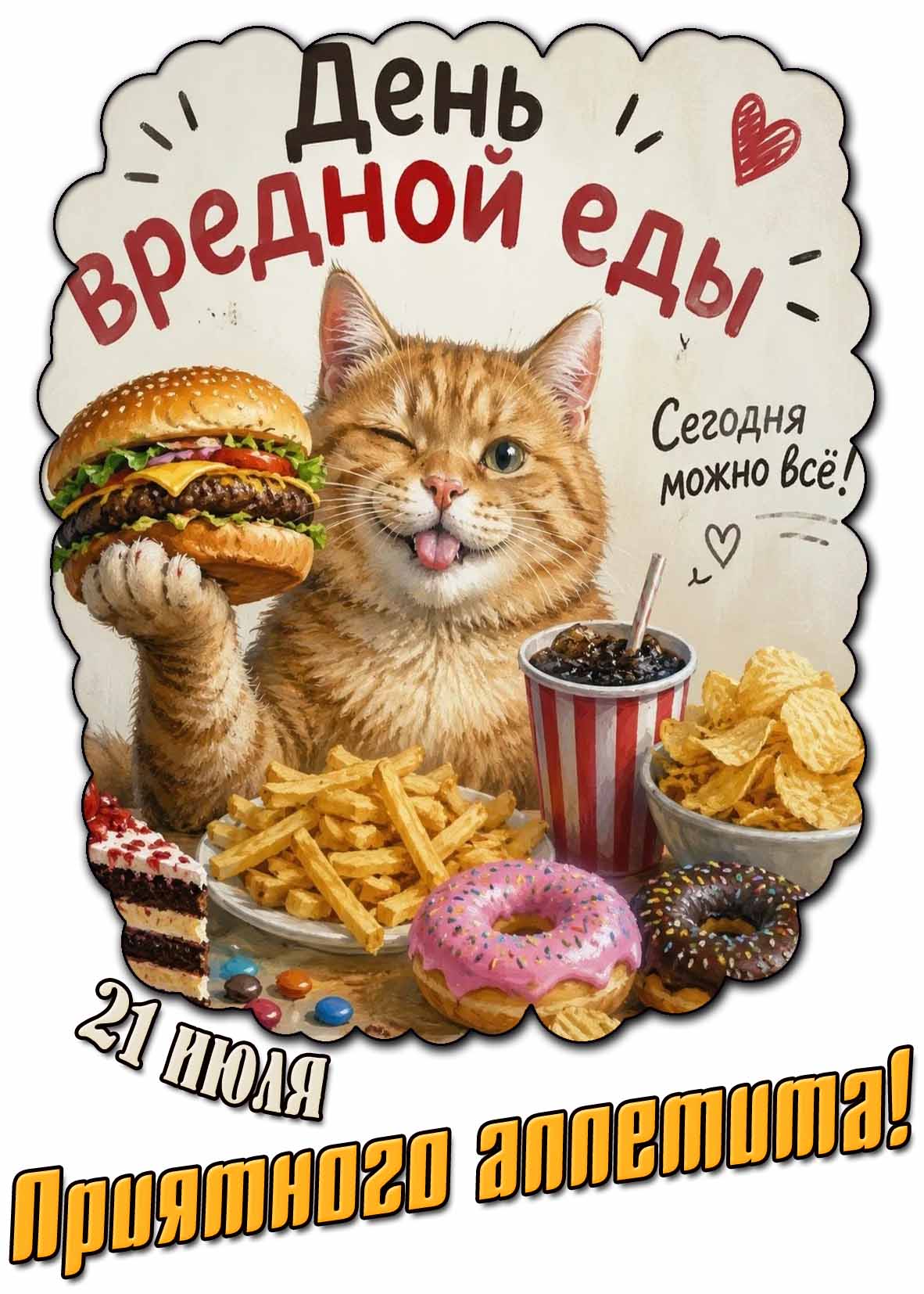 Прикольная открытка 21 июля - день вредной еды! Сегодня можно всё! Приятного аппетита!