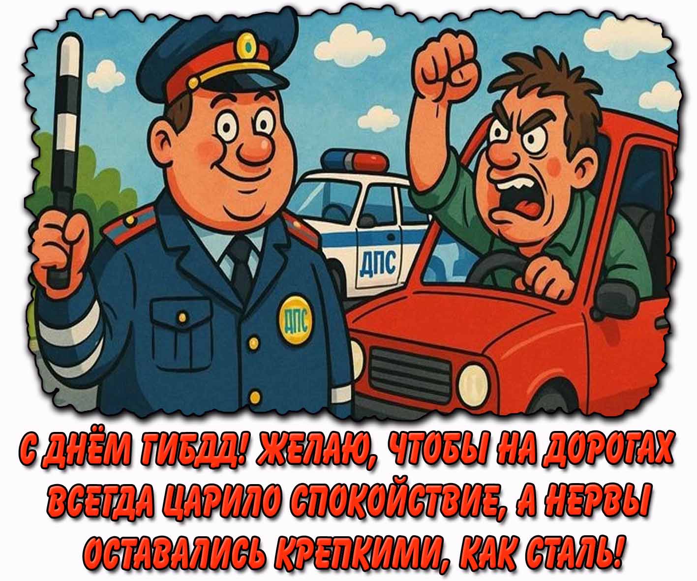 Прикольная картинка "С днём ГИБДД! Желаю, чтобы на дорогах всегда царило спокойствие, а нервы оставались крепкими, как сталь!"