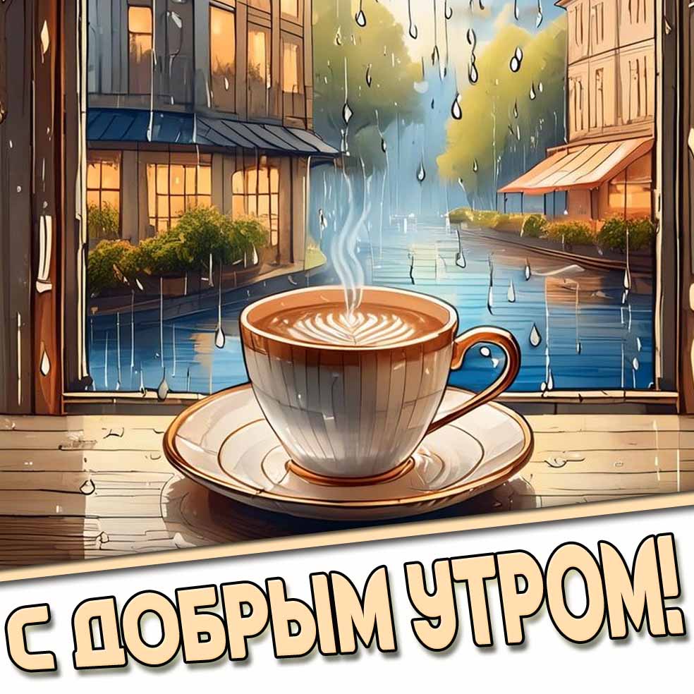 С добрым утром! - дождливая открытка с кофе