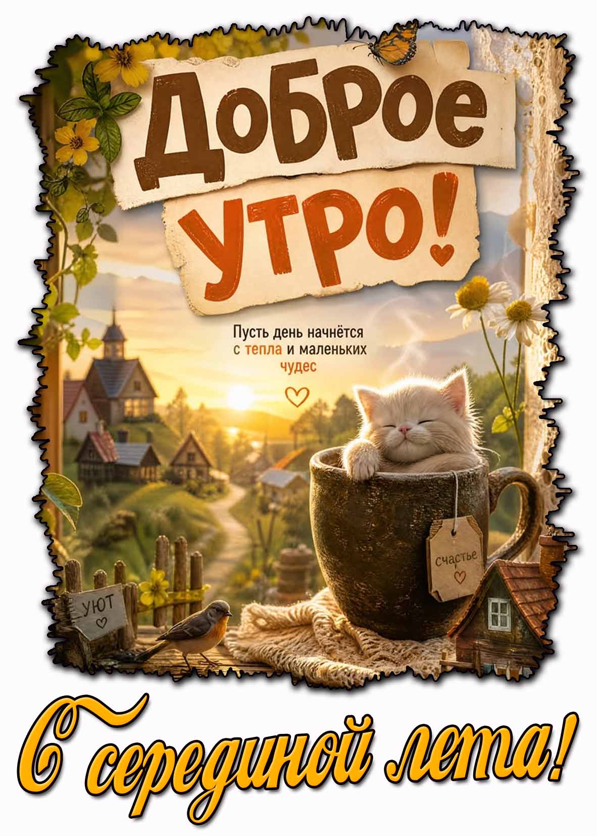 Открытка "Доброе утро! С серединой лета! Пусть день начнётся с тепла и маленьких чудес!"