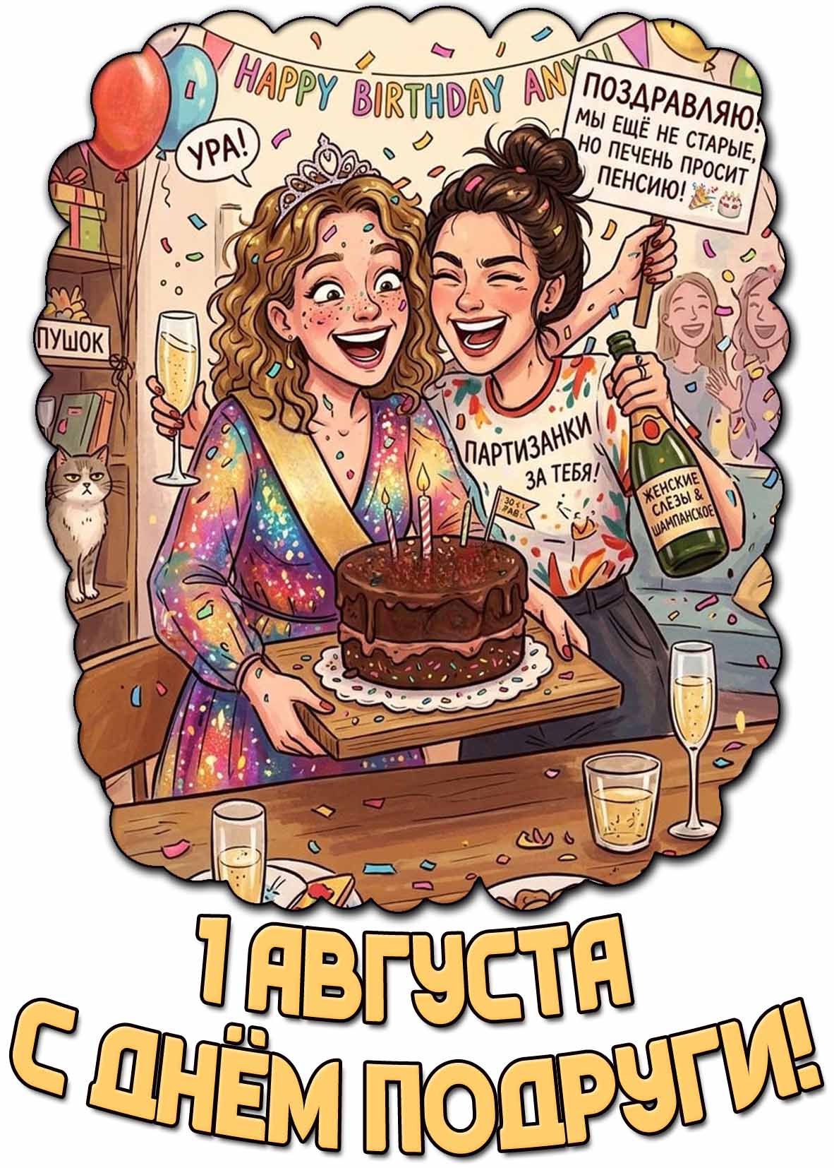 Смешная картинка "С днём подруги! Поздравляю мы ещё не старые, но печень просит пенсию!" - 1 августа