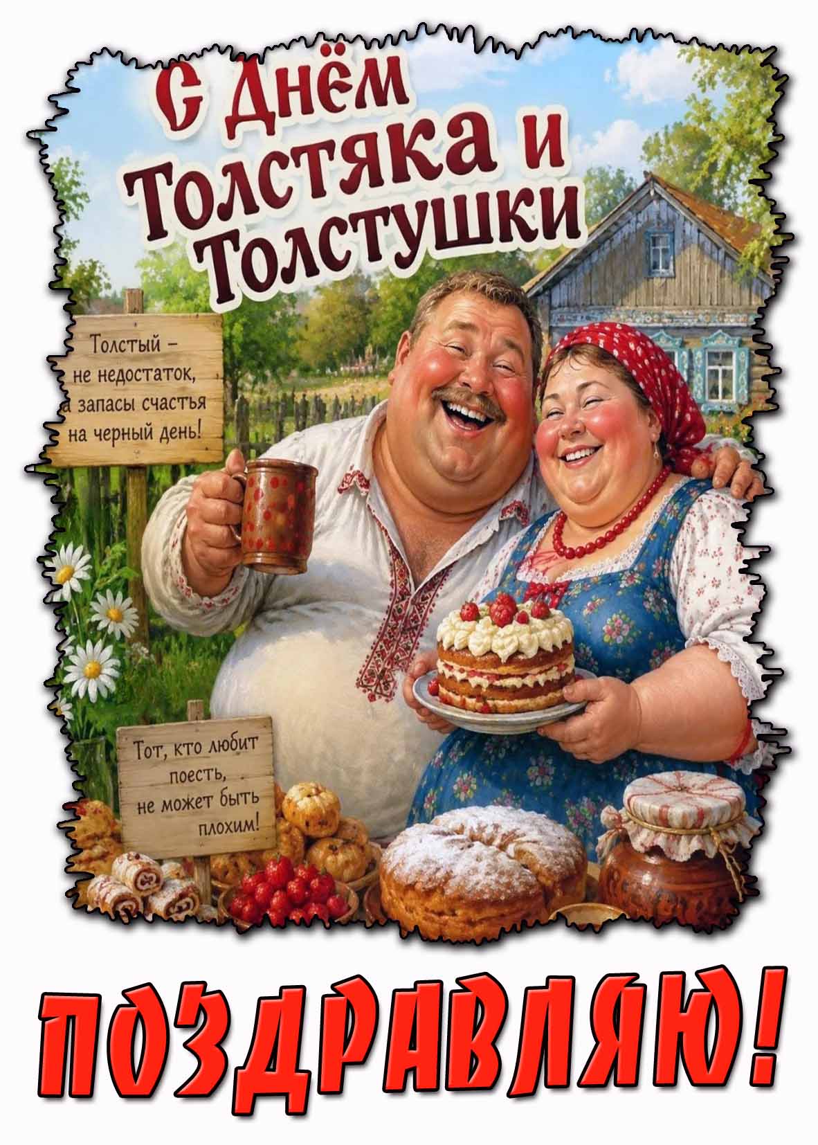 Смешная открытка "С днём толстяка и толстушки! Толстый - не недостаток, а запасы счастья на чёрный день! Поздравляю!"