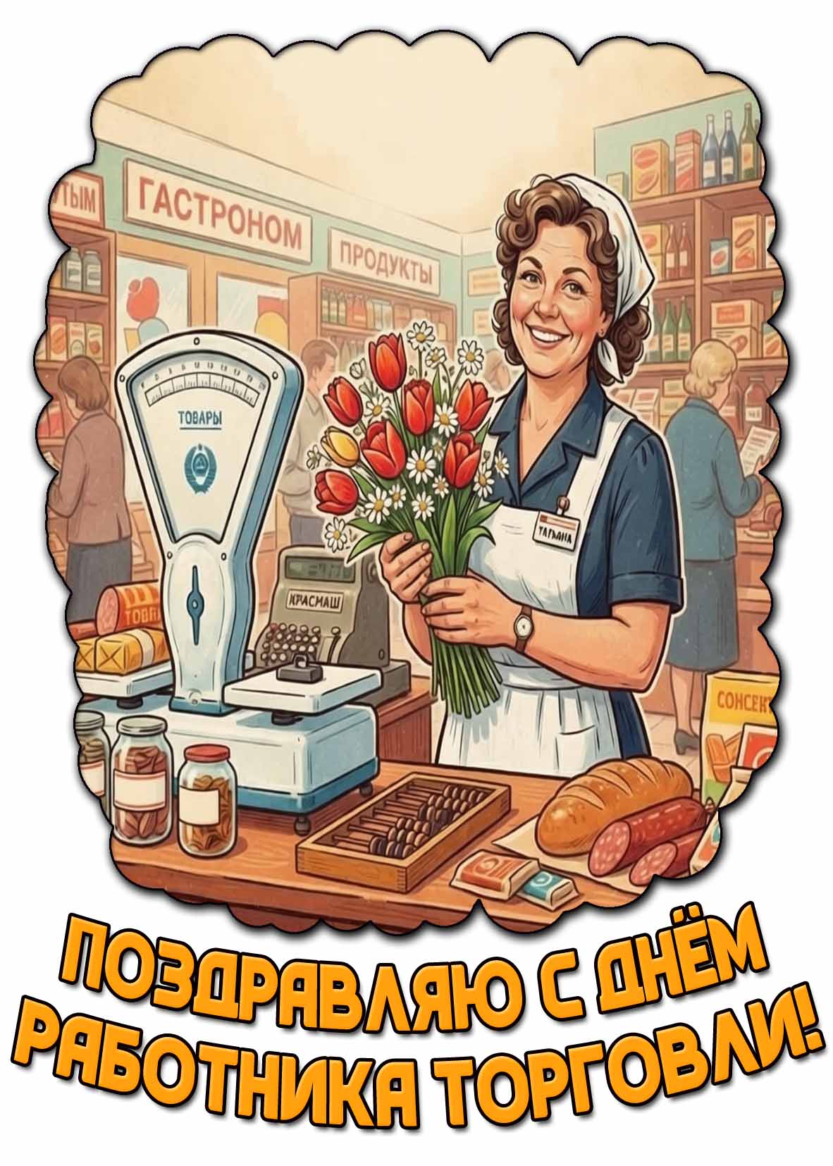 Советская открытка "Поздравляю с днём работника торговли!"