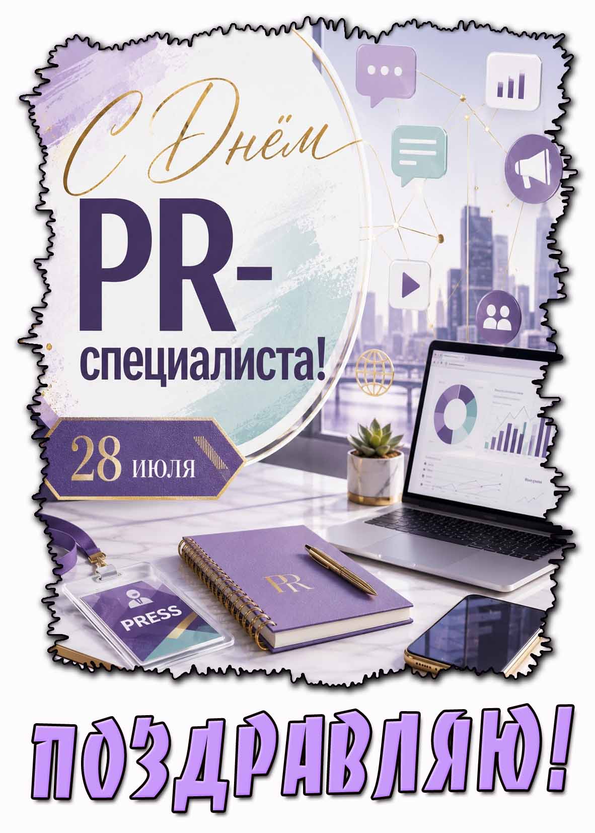 Стильная картинка "С днём PR-специалиста! Поздравляю!" - 28 июля