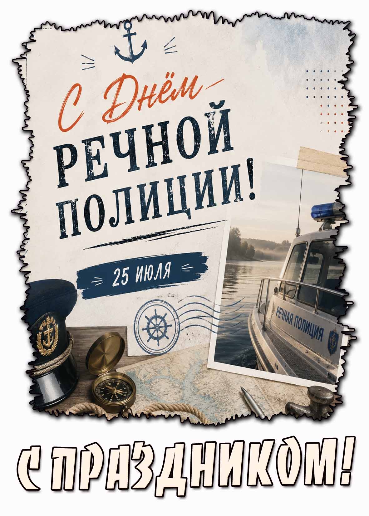 Стильная открытка c днём речной полиции! С праздником! - 25 июля