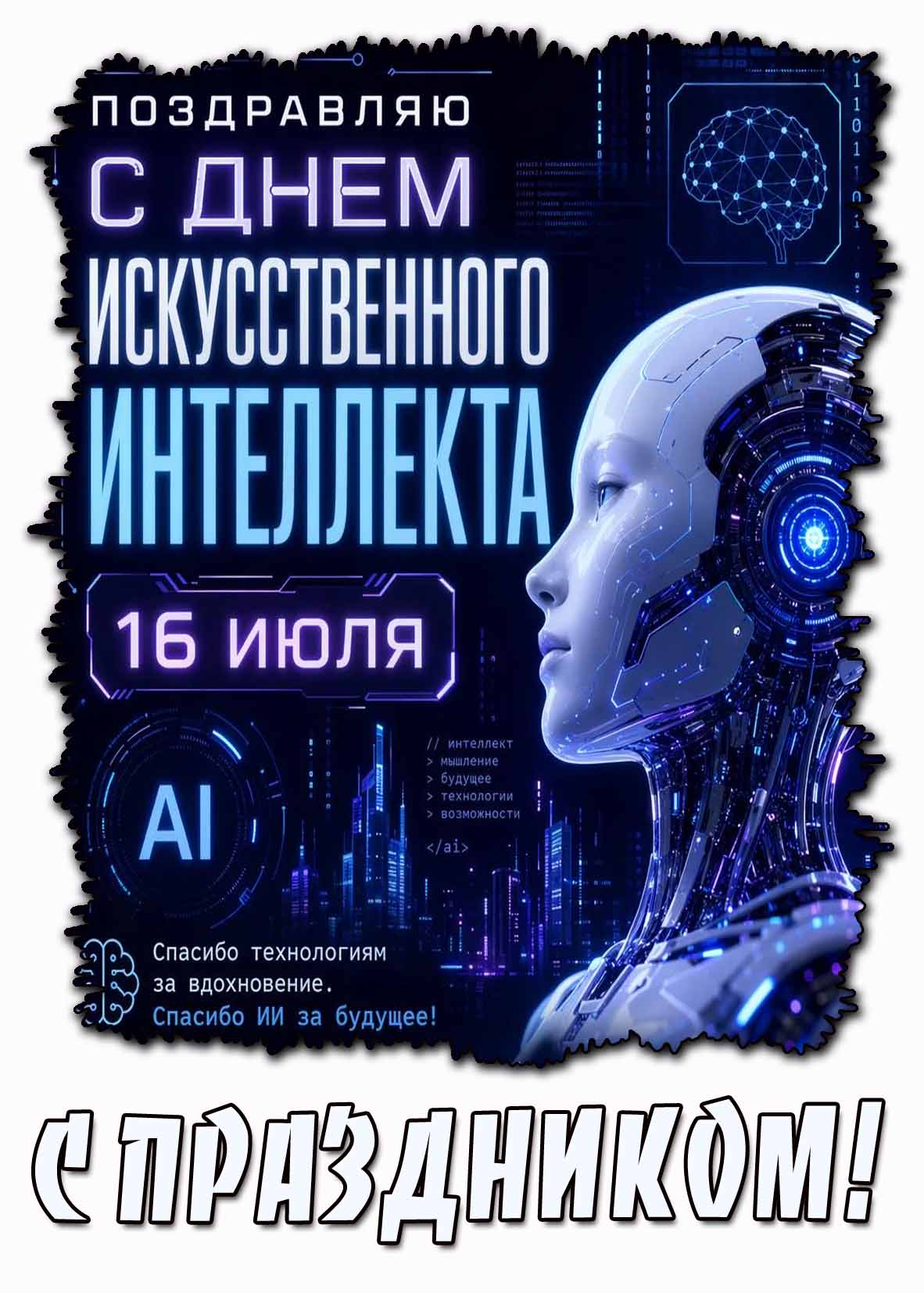Стильная открытка "Поздравляю с днём искусcтвенного интеллекта! Спасибо технологиям за вдохновение. Спасибо ИИ за будущее! С праздником!" - 16 июля