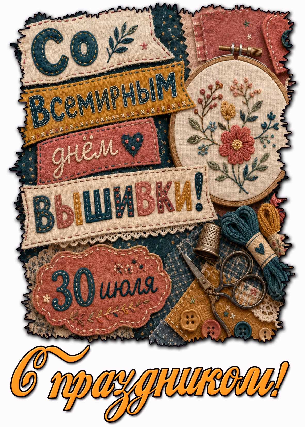 Стильная открытка "Со Всемирным днём вышивки! С праздником!" - 30 июля
