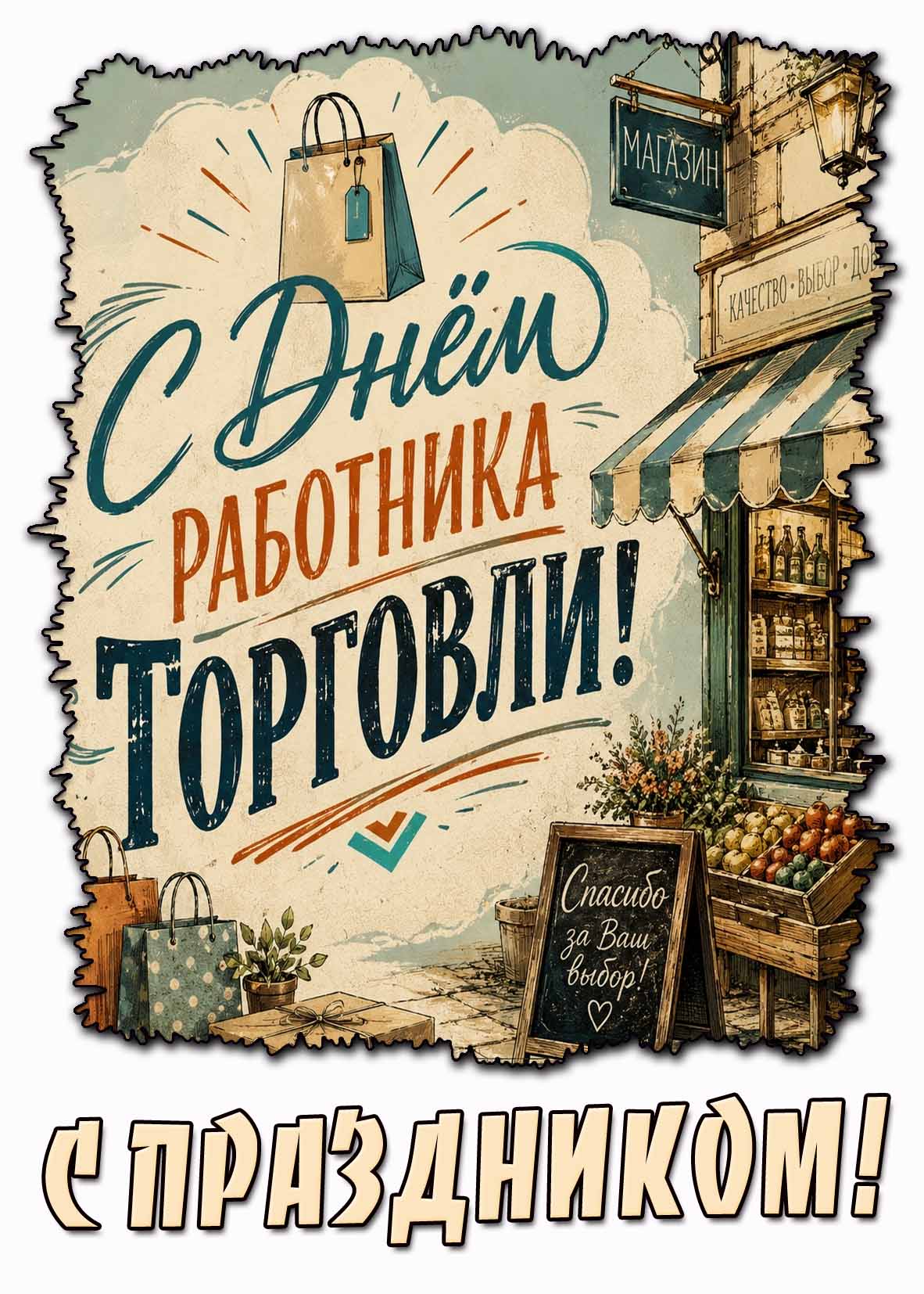 Стильная открытка "С днём работника торговли! С праздником!"