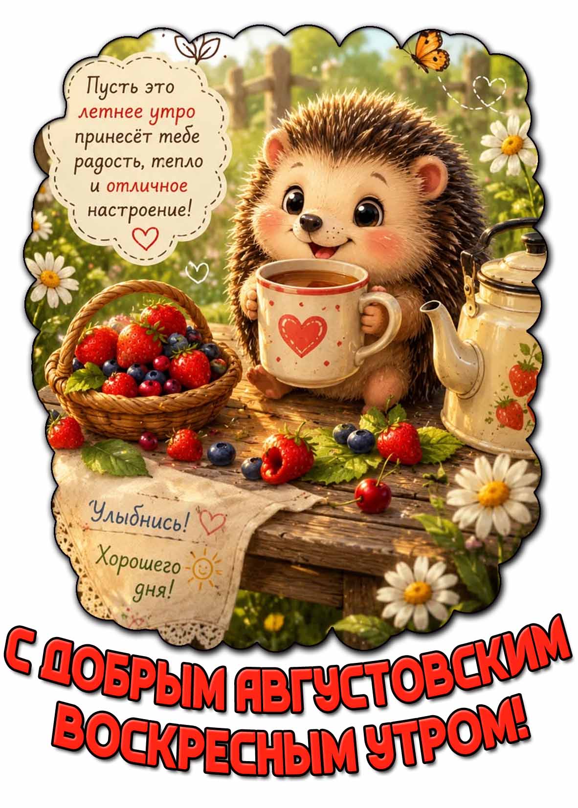 Открытка "С добрым августовским воскресным утром! Улыбнись! Хорошего дня!"