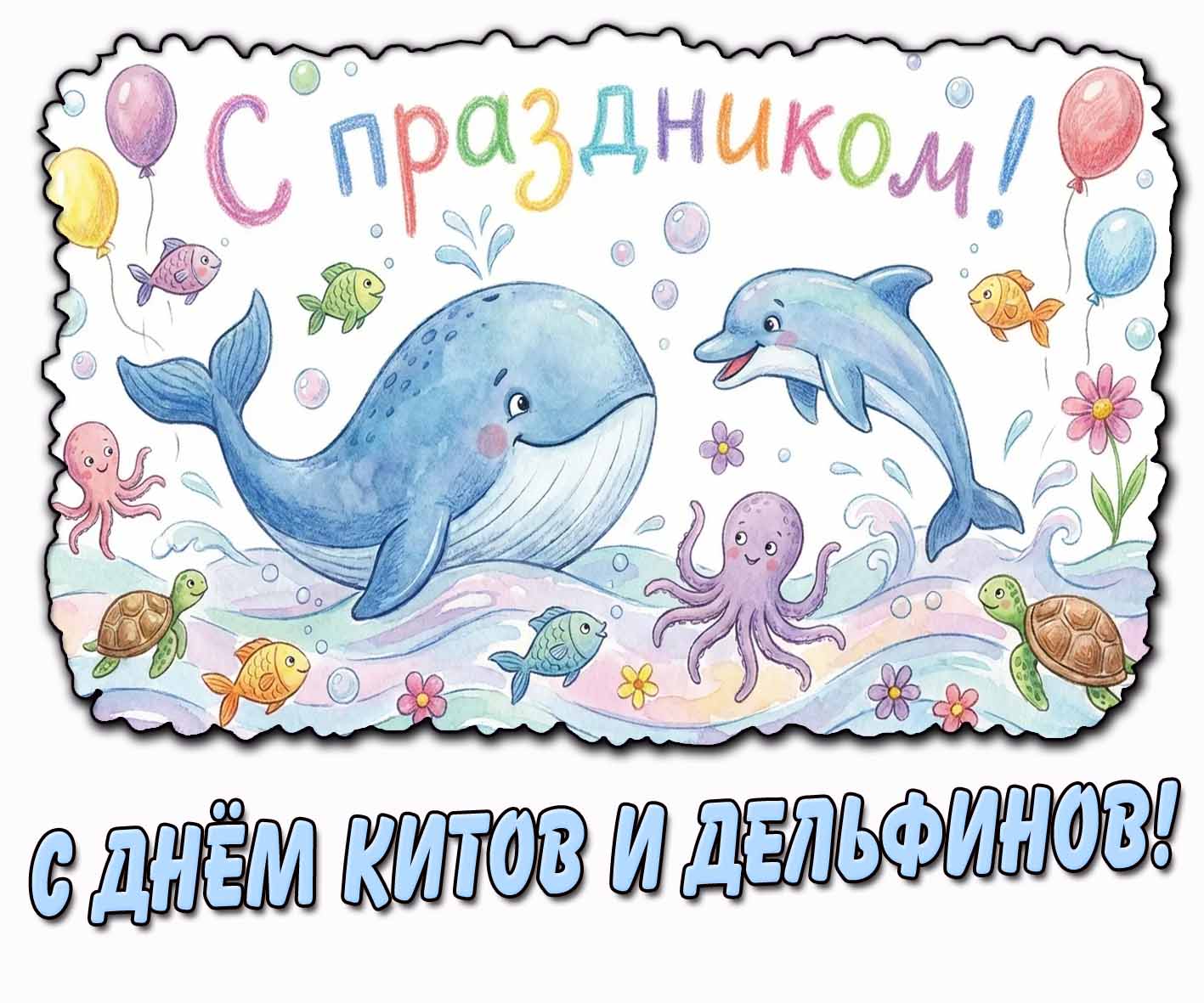 Детская открытка-рисунок "С днём китов и дельфинов! С праздником!"