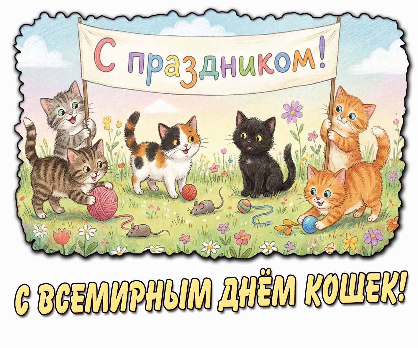 Детская открытка "С Всемирным днём кошек! С праздником!"