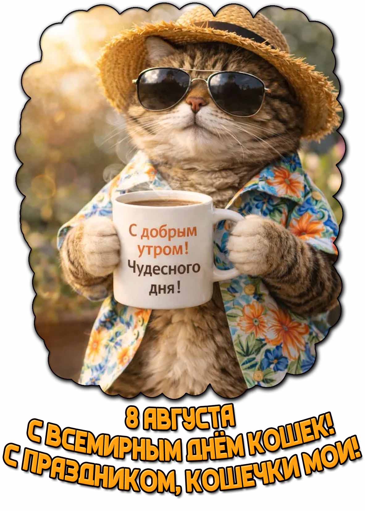Открытка "С Всемирным днём кошек! С добрым утром! Чудесного дня! С праздником, кошечки мои!" - 8 августа