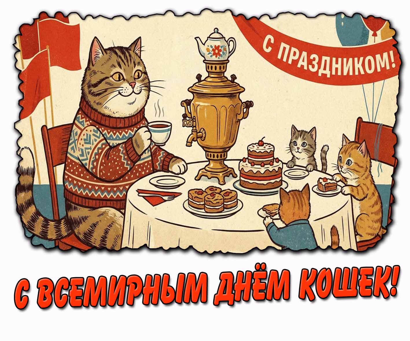 Ретро картинка "С Всемирным днём кошек! С праздником!"