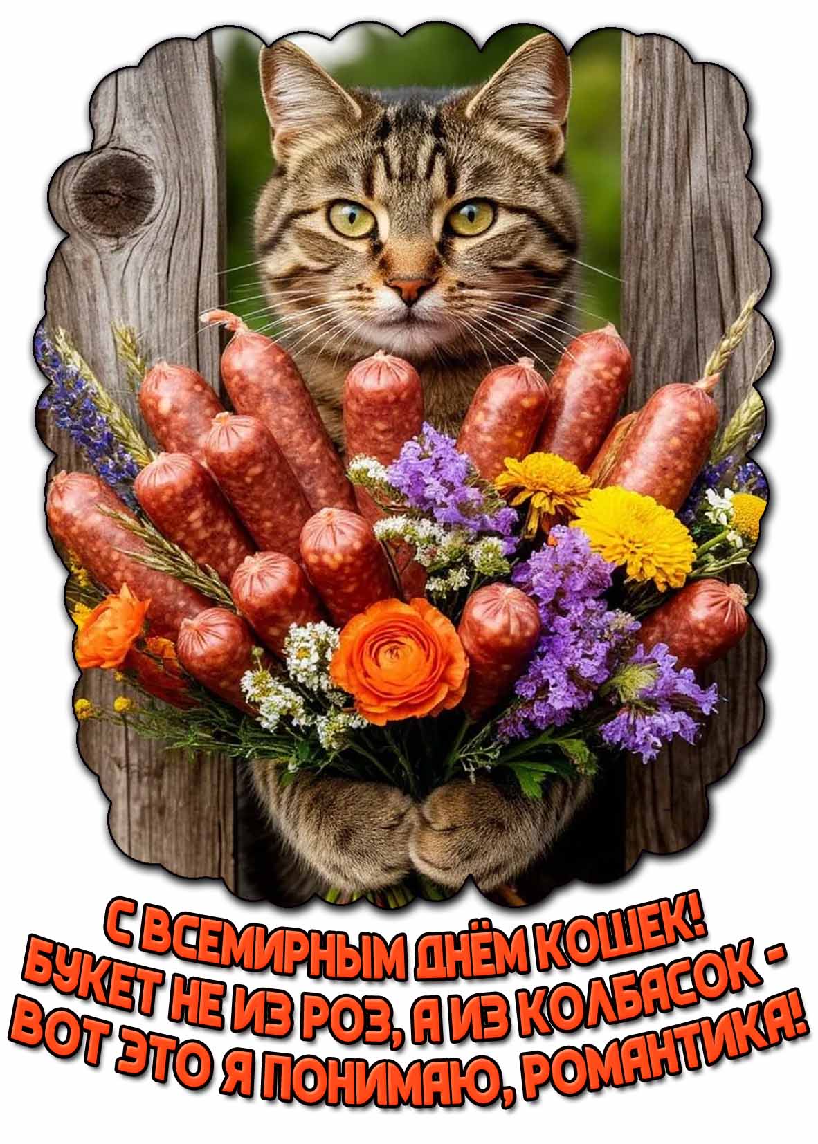 Прикольная картинка "С Всемирным днём кошек! Букет не и роз, а из колбасок - вот это я понимаю, романтика!"