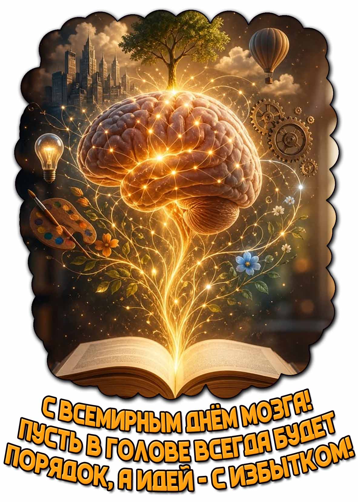 Открытка "С Всемирным днём мозга! Пусть в голове всегда будет порядок, а идей - с избытком!"