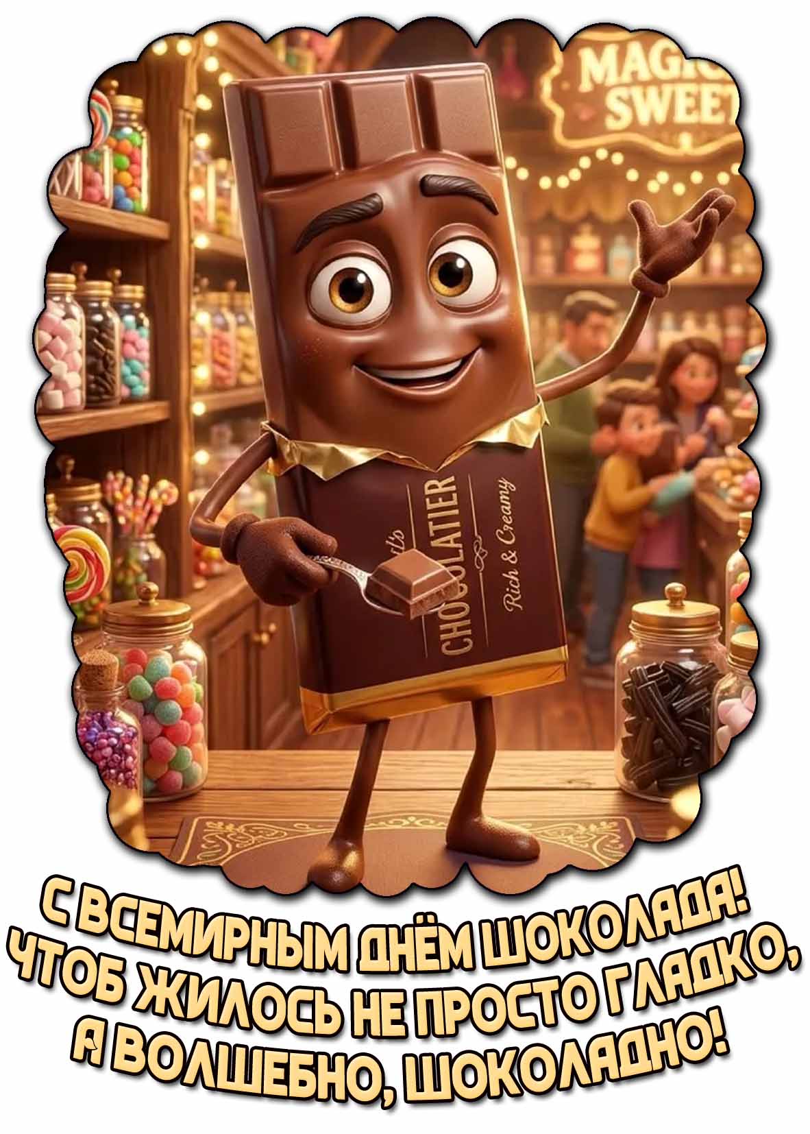 Открытка "С Всемирным днём шоколада! Чтоб жилось не просто гладко, а волшебно, шоколадно!"