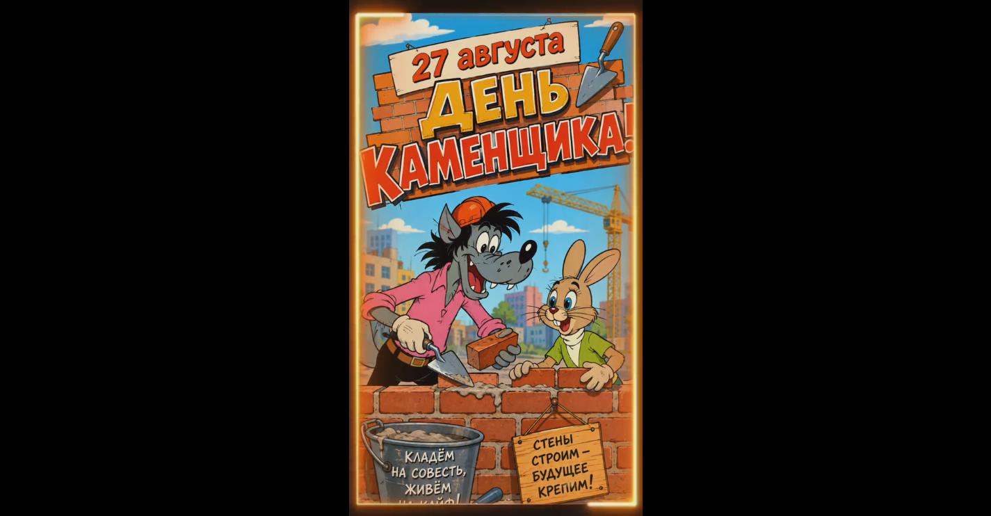 Прикольная видео открытка на день каменщика - 27 августа