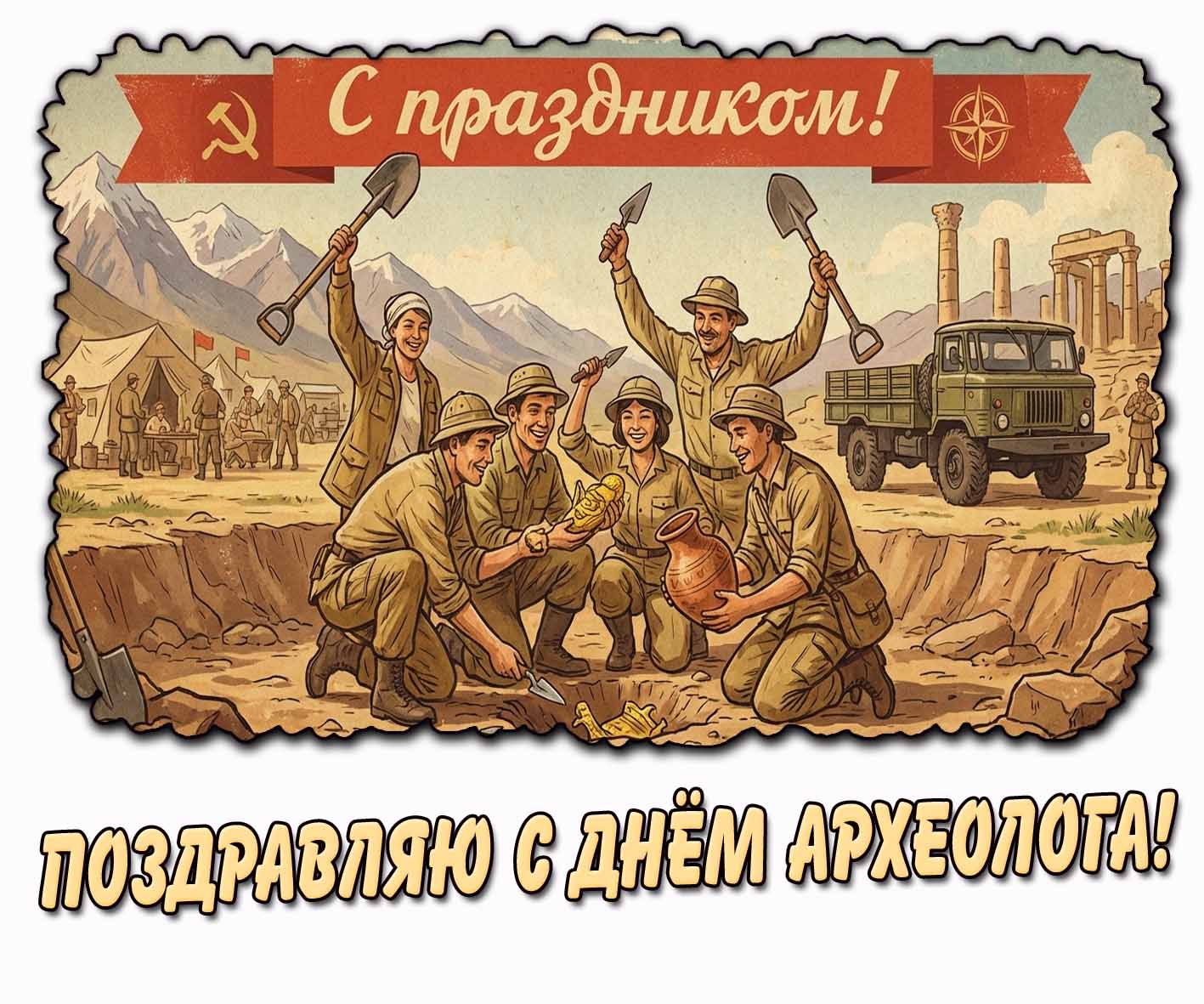 Советская открытка "Поздравляю с днём археолога! С праздником!"